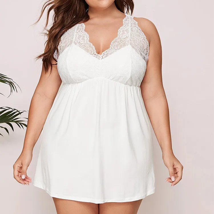 Plus Size V Neck Lace Nightie Dress - Elegant and Backless