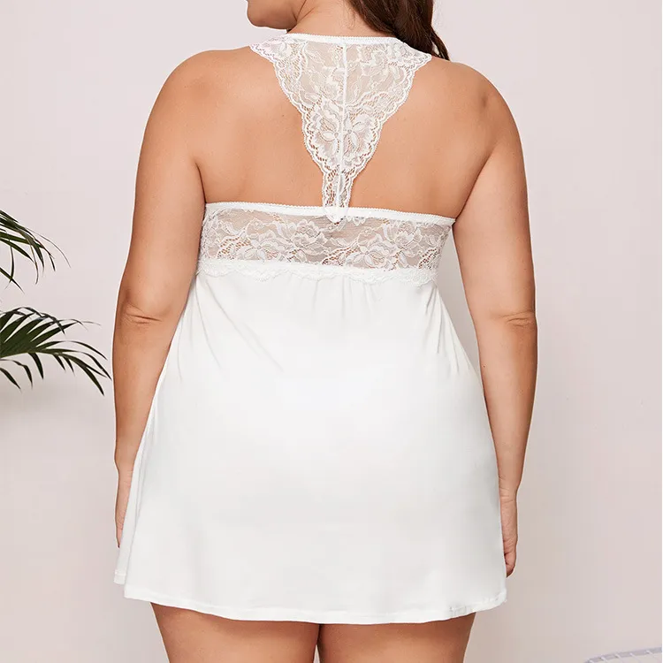 Plus Size V Neck Lace Nightie Dress - Elegant and Backless