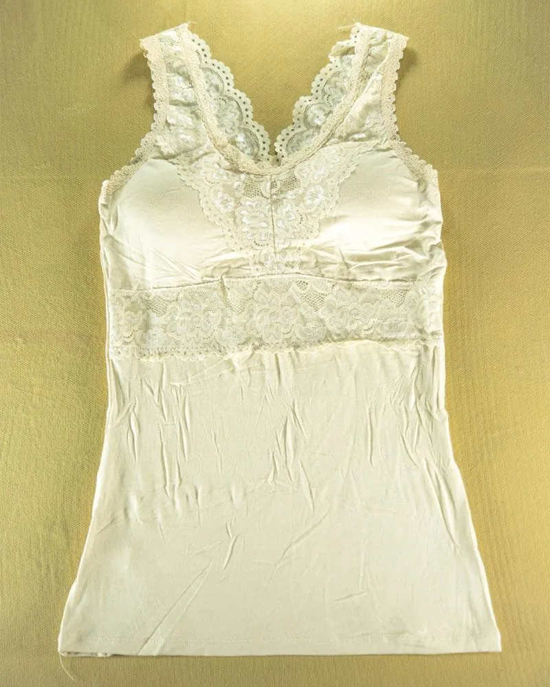 Premium Embroidered Camisole Padded With Lace - Skin Color - 8783