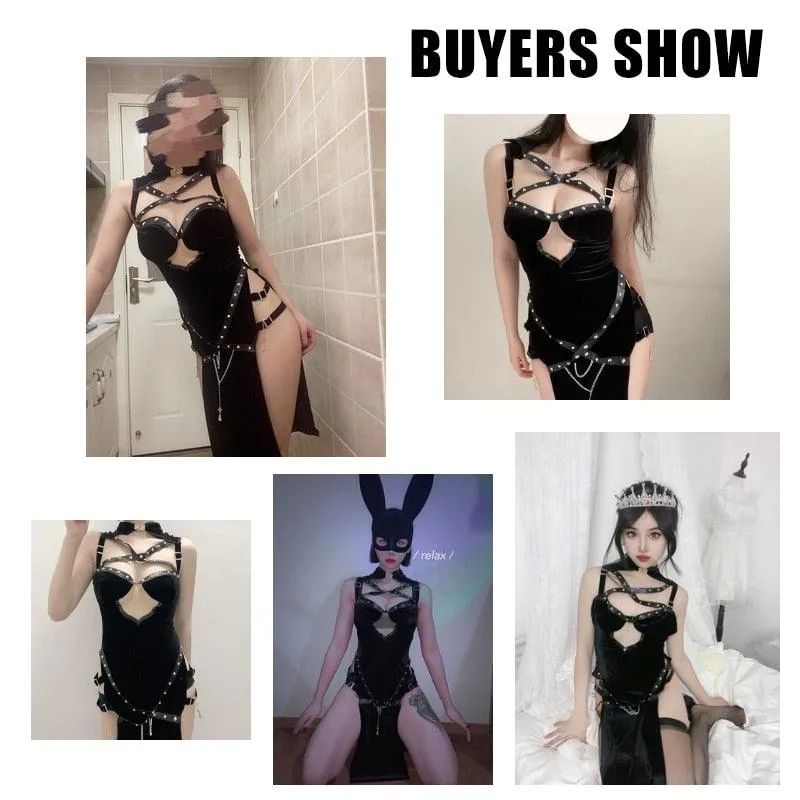PU Bondage Backless Gothic Dark Dress Women Hollow Velvet Split