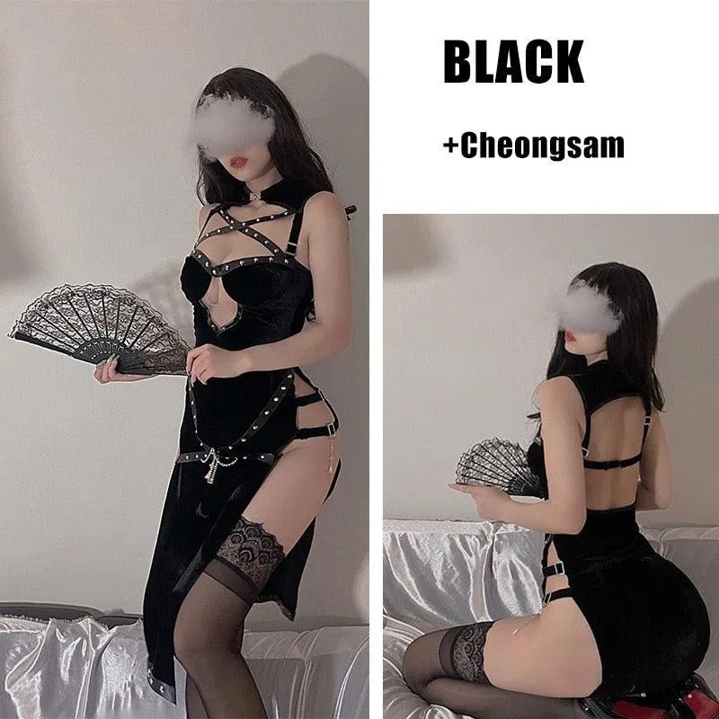 PU Bondage Backless Gothic Dark Dress Women Hollow Velvet Split