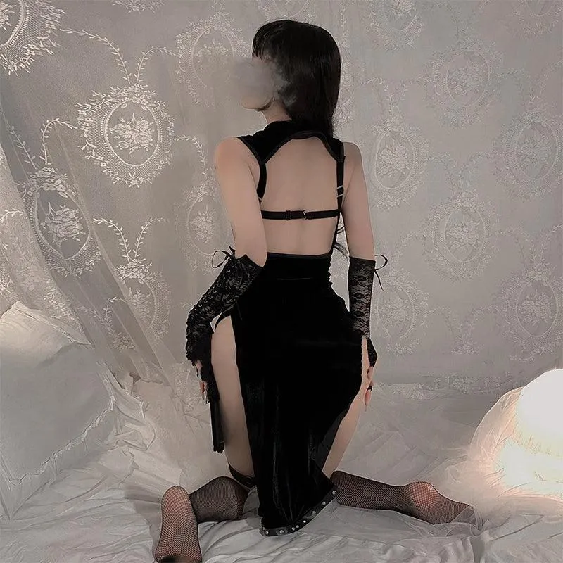 PU Bondage Backless Gothic Dark Dress Women Hollow Velvet Split