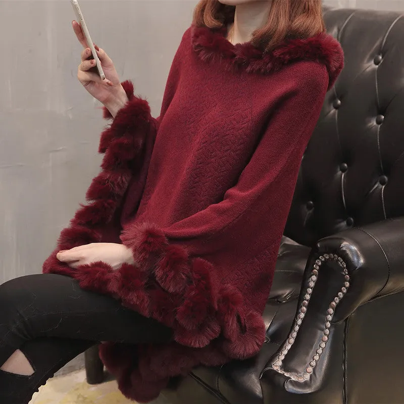 Pullover Hem Fur Collar Sweater Cloak Shawl Cape