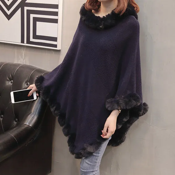 Pullover Hem Fur Collar Sweater Cloak Shawl Cape