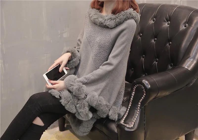 Pullover Hem Fur Collar Sweater Cloak Shawl Cape