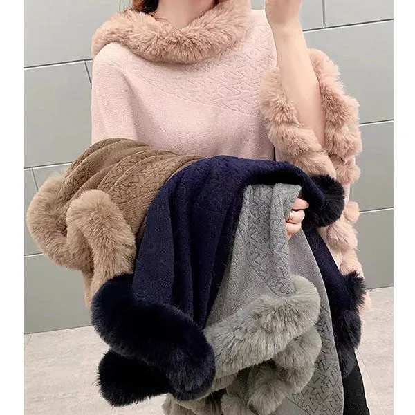 Pullover Hem Fur Collar Sweater Cloak Shawl Cape