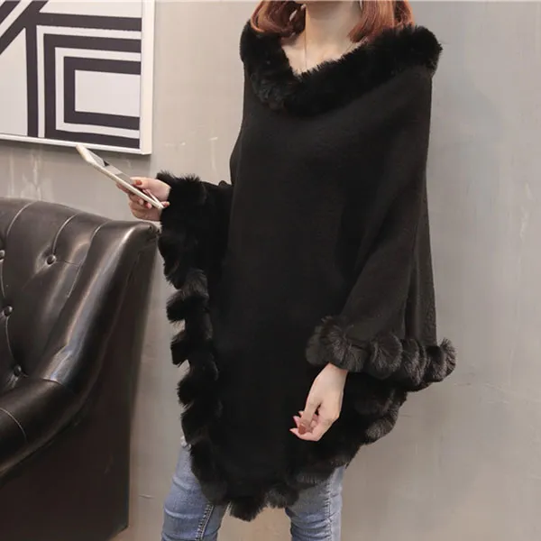 Pullover Hem Fur Collar Sweater Cloak Shawl Cape