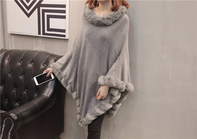 Pullover Hem Fur Collar Sweater Cloak Shawl Cape