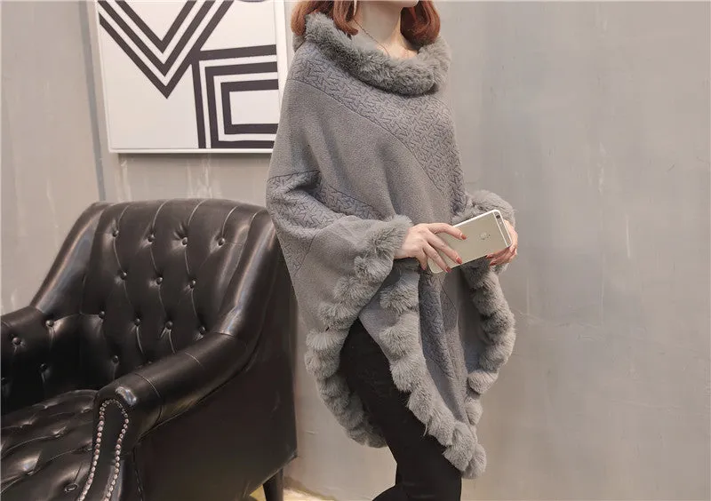 Pullover Hem Fur Collar Sweater Cloak Shawl Cape