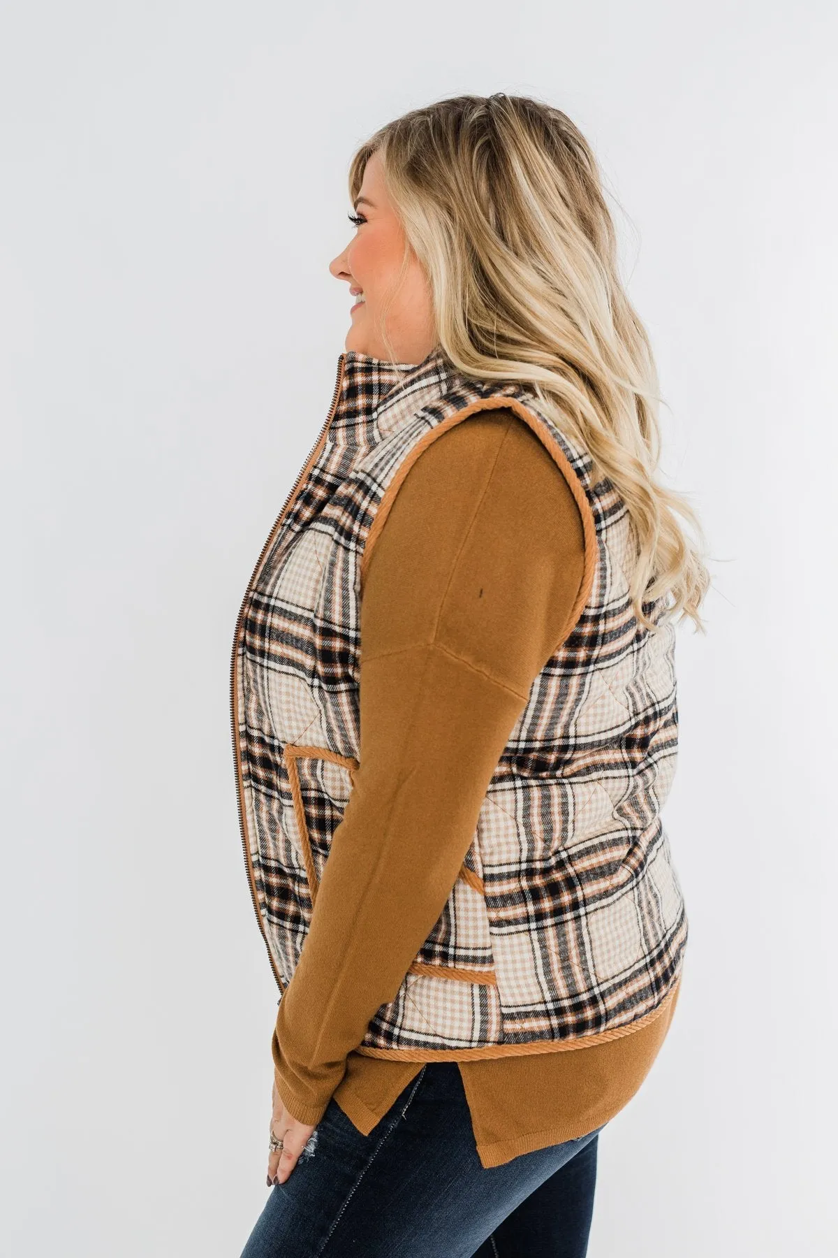 Quilted Plaid Puffer Vest- Camel & Navy