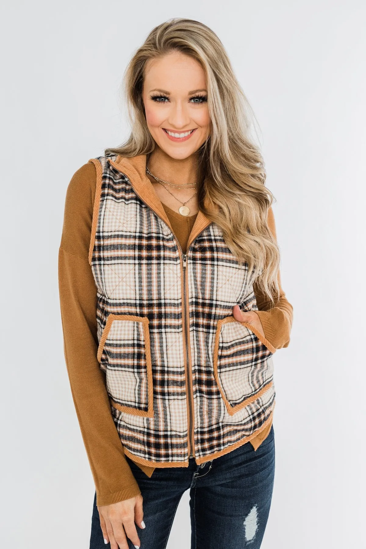 Quilted Plaid Puffer Vest- Camel & Navy