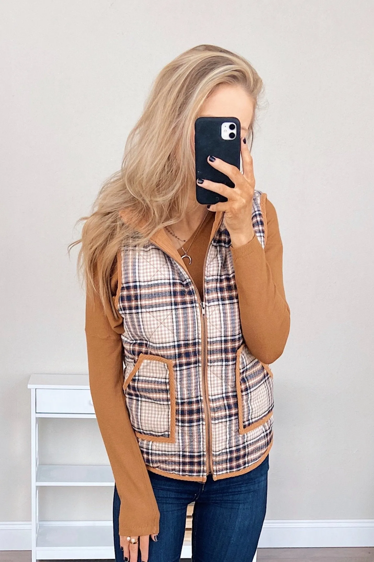 Quilted Plaid Puffer Vest- Camel & Navy
