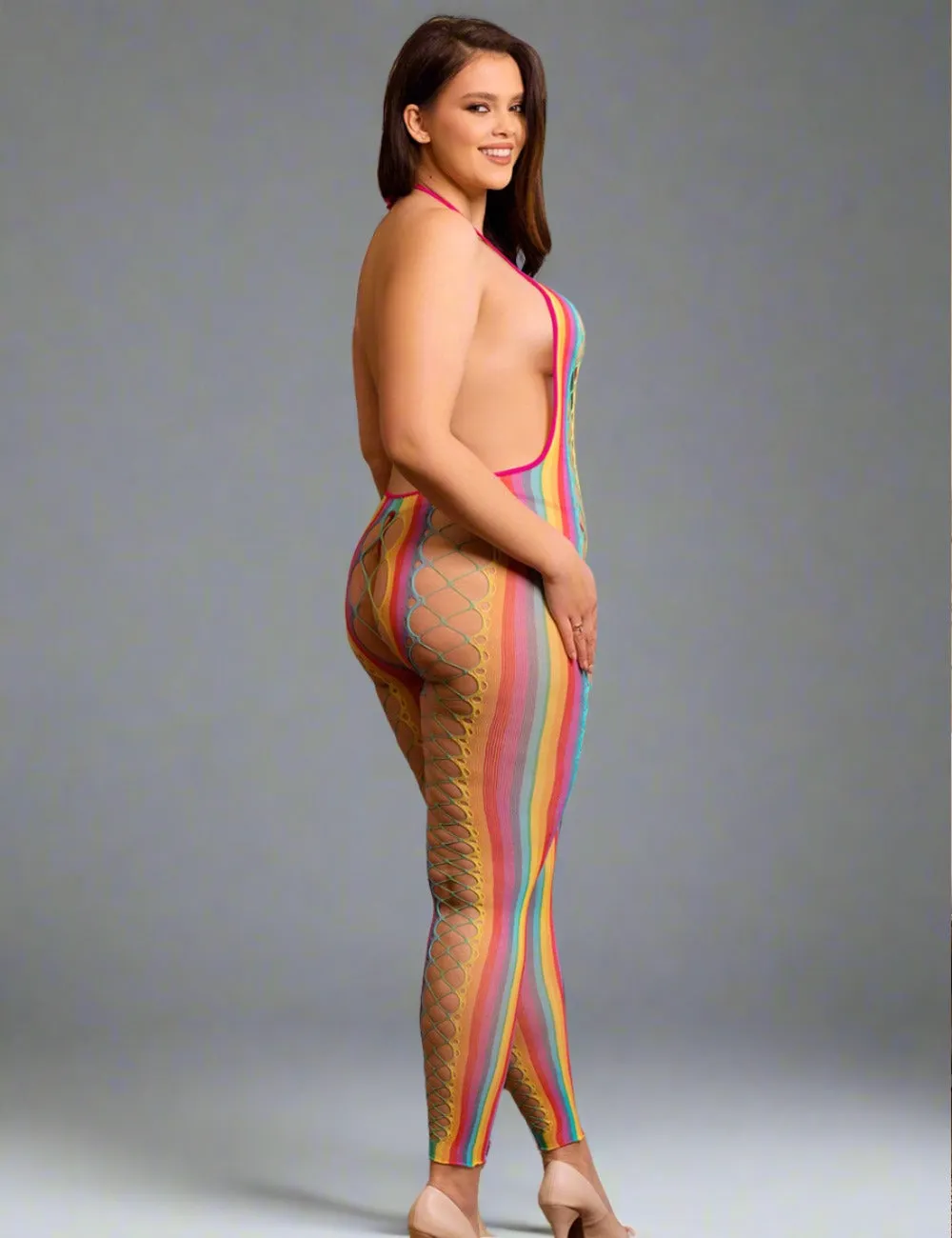 Rainbow Bodystocking - Halter Backless Mesh Hollow Out