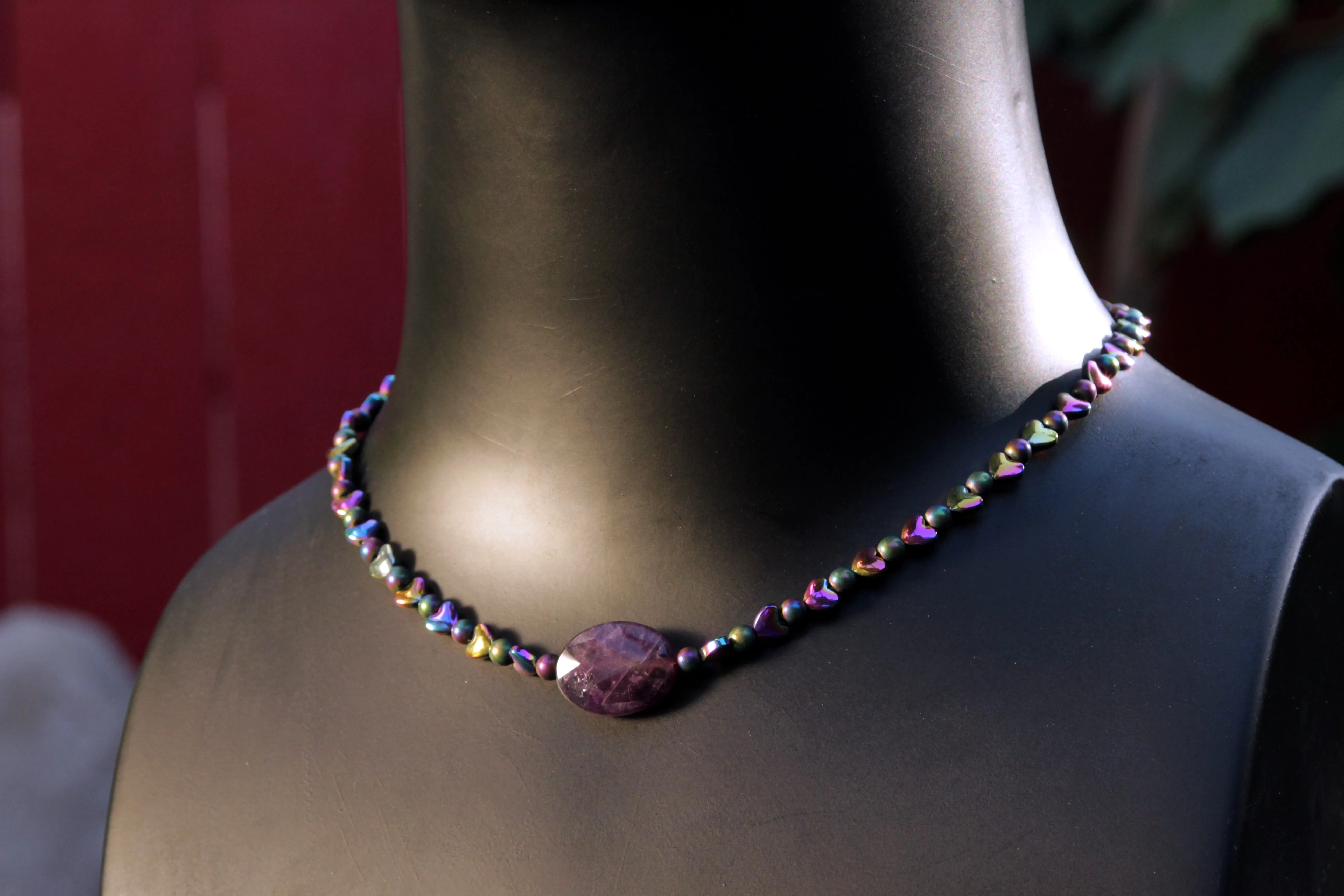 Rainbow Hematite and Amethyst gemstone choker necklace