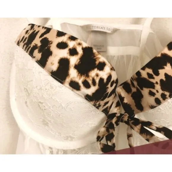 Rare Victoria's Secret Baby doll Lingerie 36B Sheer Leopard Print Pushup Padded