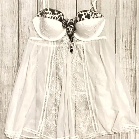 Rare Victoria's Secret Baby doll Lingerie 36B Sheer Leopard Print Pushup Padded