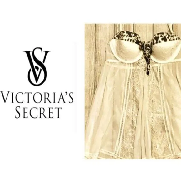 Rare Victoria's Secret Baby doll Lingerie 36B Sheer Leopard Print Pushup Padded