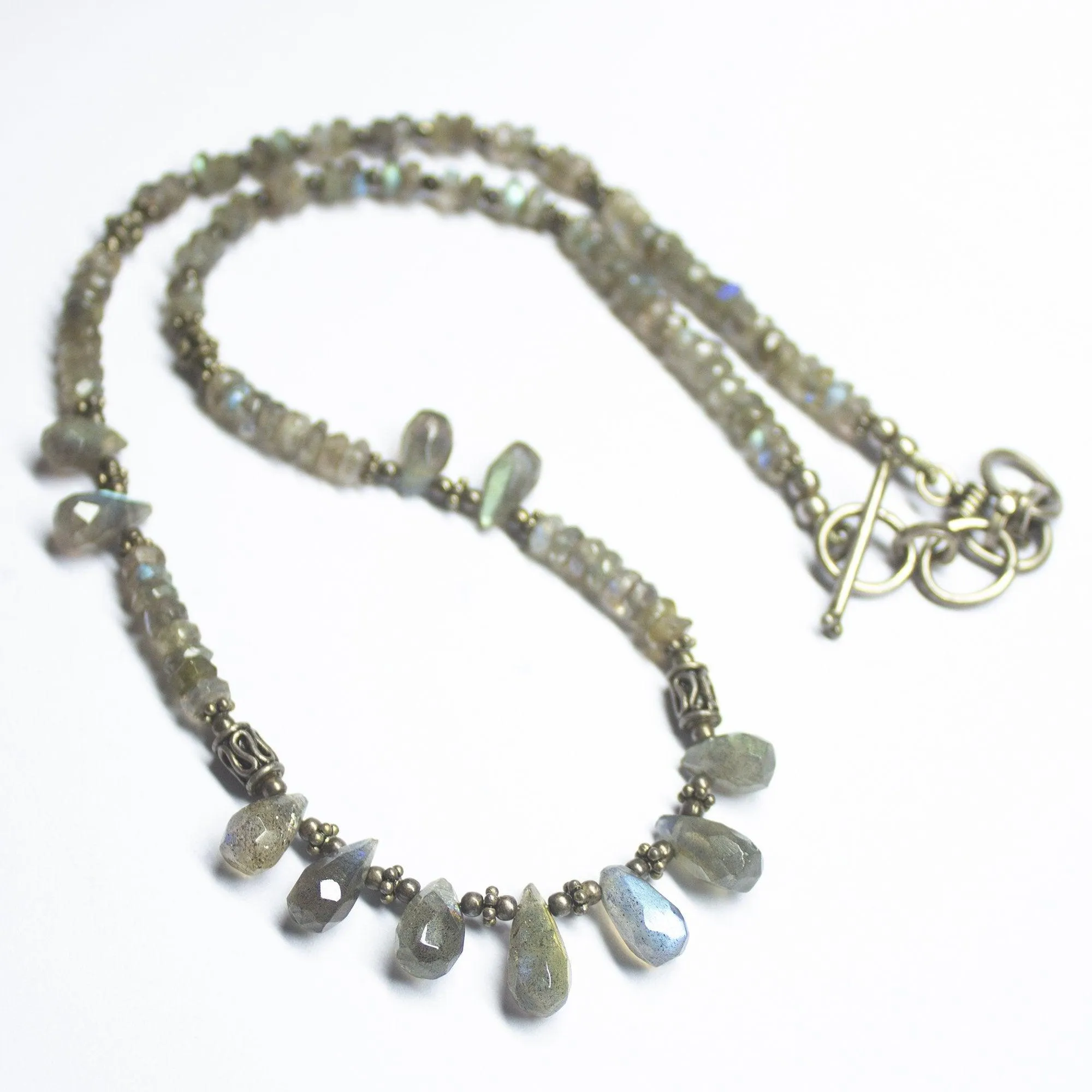 Read to wear, 18 inches, 5-14mm, Natural Labradorite 925 Sterling Silver Gemstone Beaded Necklace