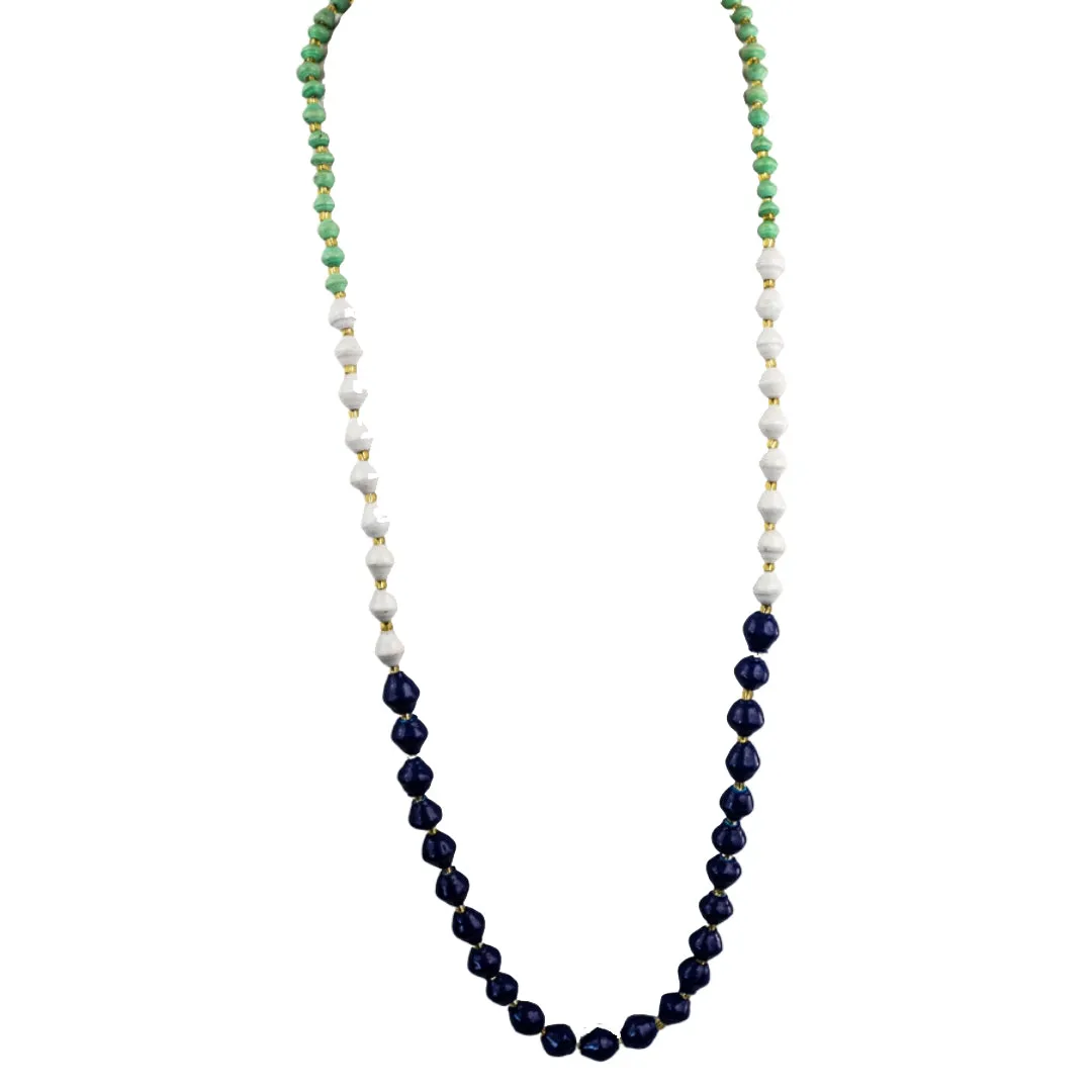 Recycled Paper Bead Necklace - Navy, Mint, White Trio