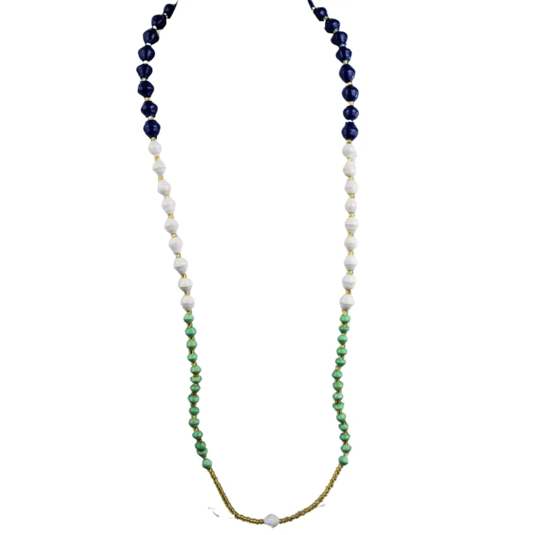 Recycled Paper Bead Necklace - Navy, Mint, White Trio