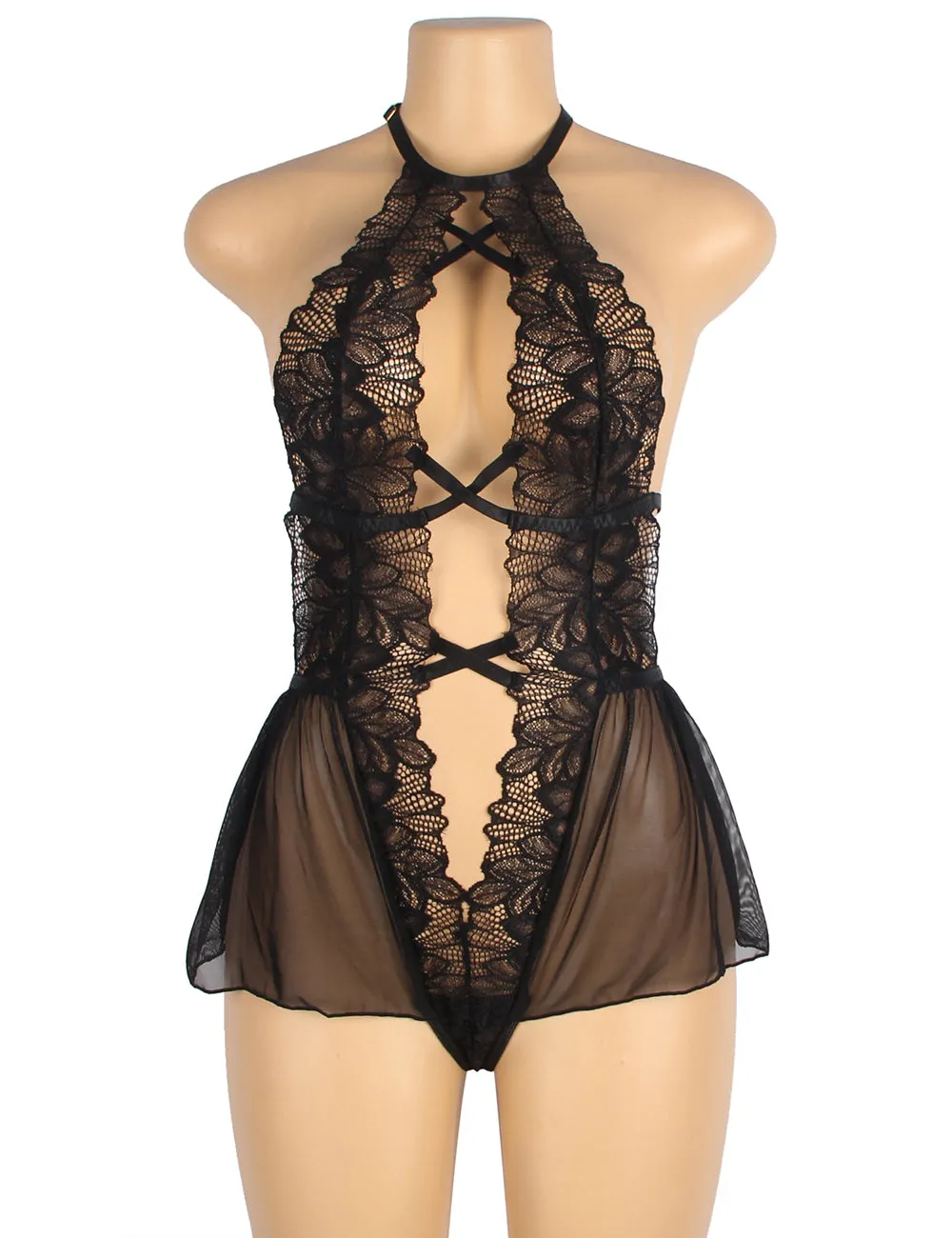 Red & Black Mesh Halter Backless Floral Patterns Teddy Lingerie