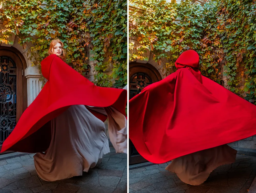 Red Fantasy Vegan Wool Hooded Cloak