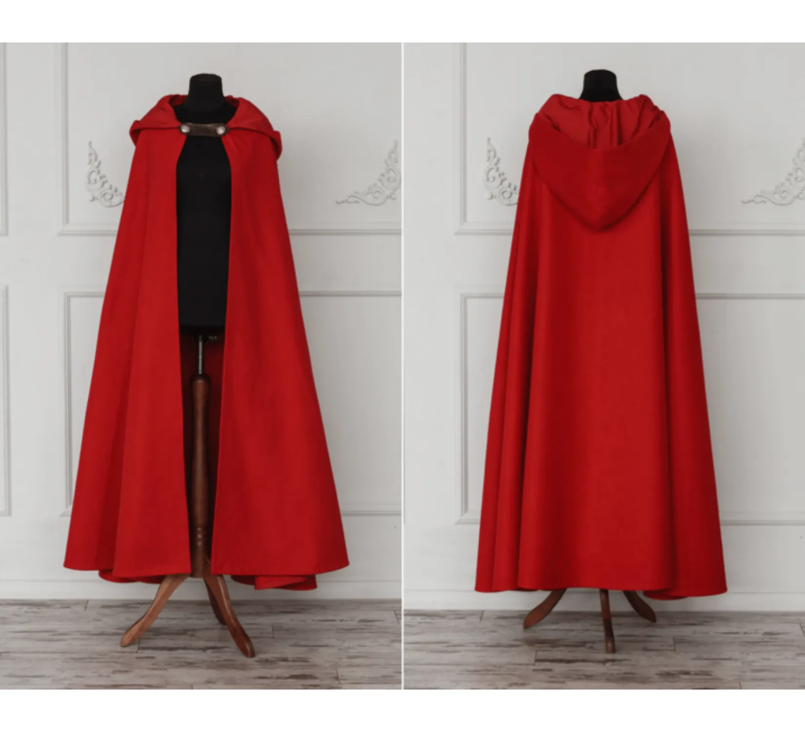Red Fantasy Vegan Wool Hooded Cloak