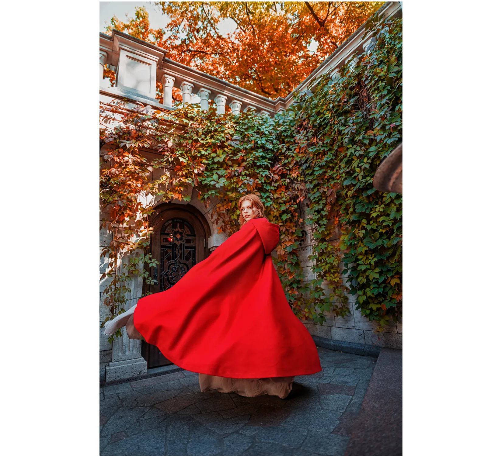 Red Fantasy Vegan Wool Hooded Cloak