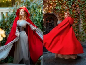 Red Fantasy Vegan Wool Hooded Cloak