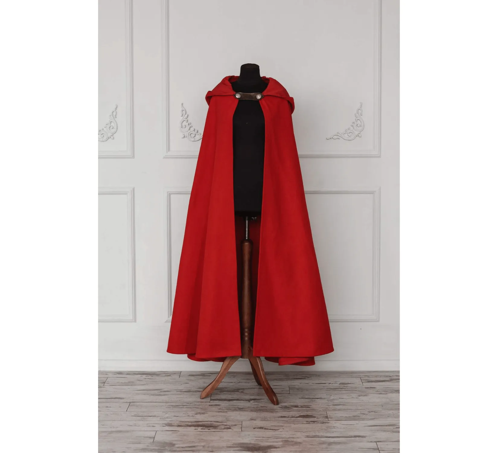 Red Fantasy Vegan Wool Hooded Cloak