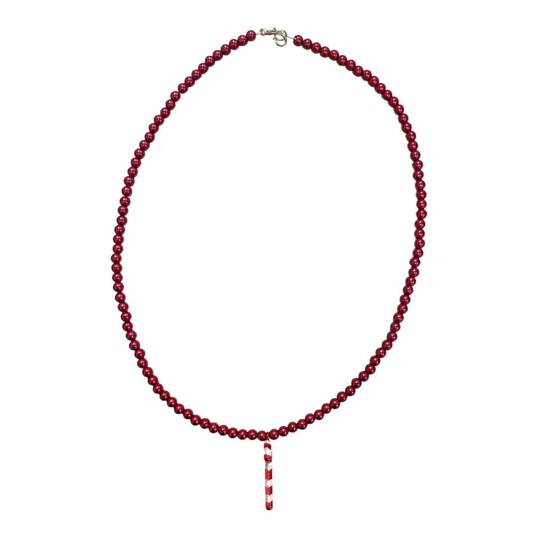 Red Pearl w/Candy Cane Beaded Necklace