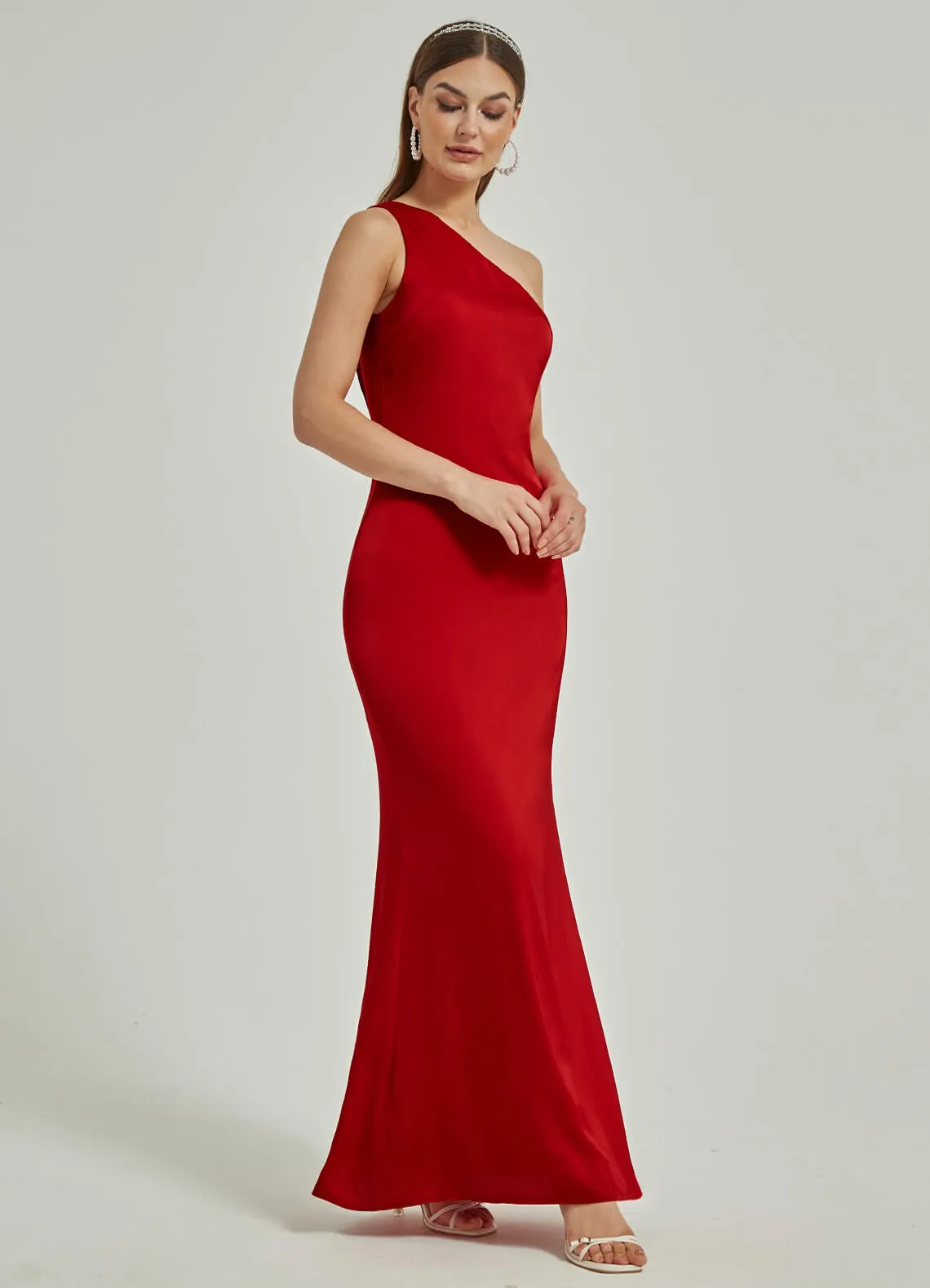 Red Silk Satin One Shoulder Slit Cowl Backless Party Bridesmaid Dress