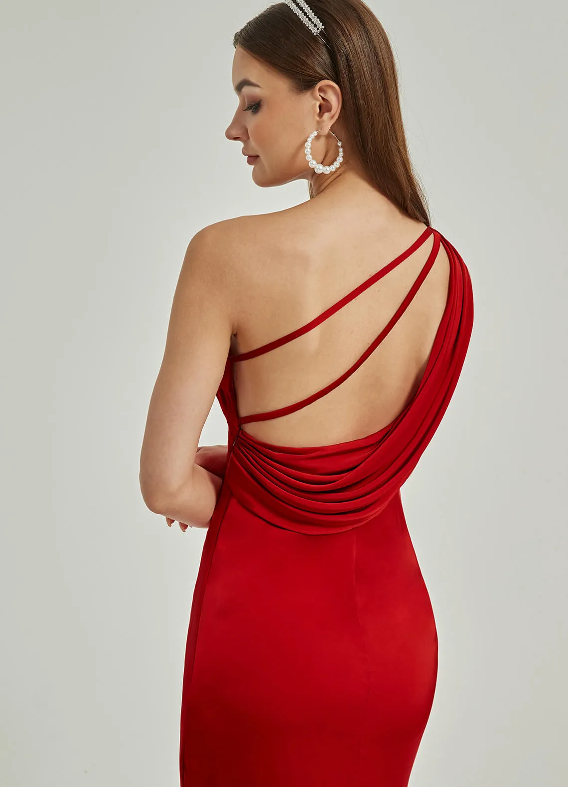 Red Silk Satin One Shoulder Slit Cowl Backless Party Bridesmaid Dress