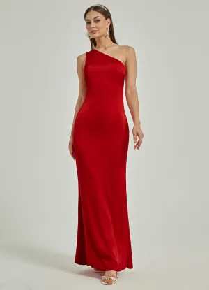 Red Silk Satin One Shoulder Slit Cowl Backless Party Bridesmaid Dress