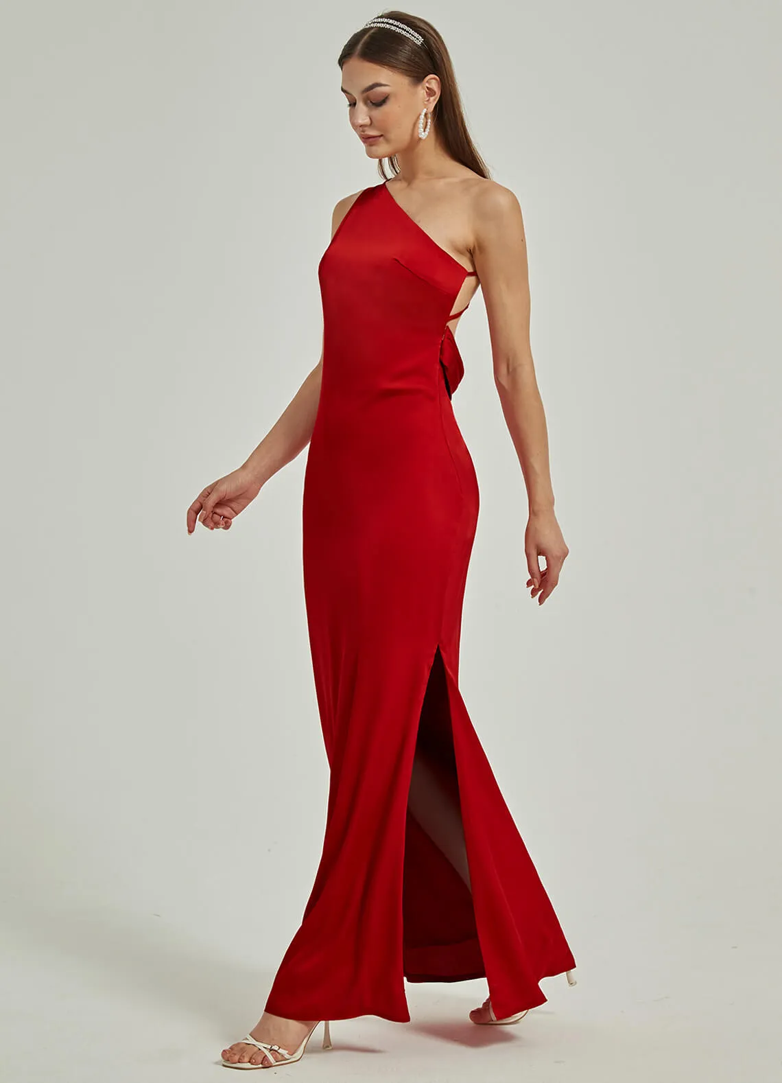 Red Silk Satin One Shoulder Slit Cowl Backless Party Bridesmaid Dress