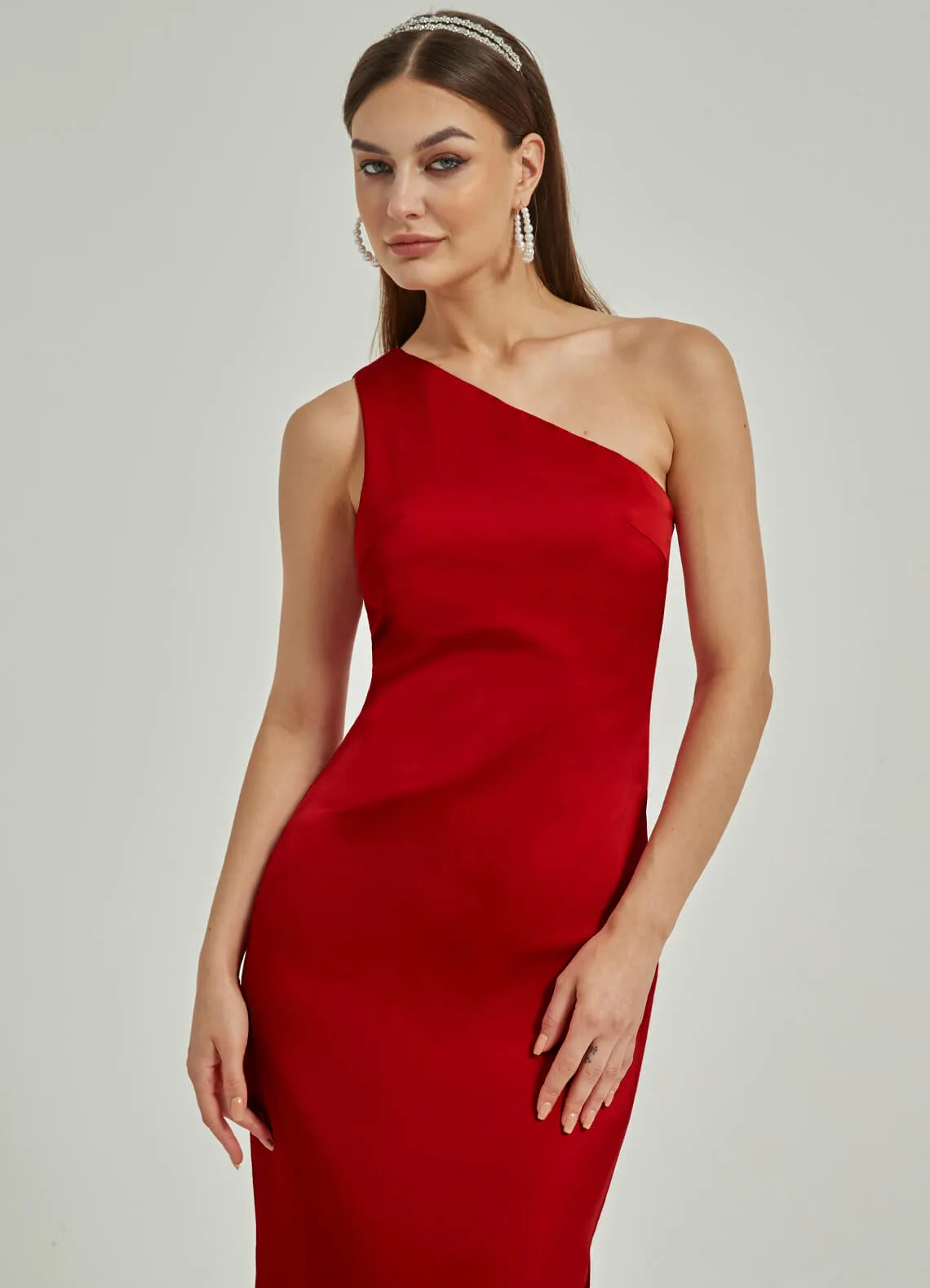 Red Silk Satin One Shoulder Slit Cowl Backless Party Bridesmaid Dress