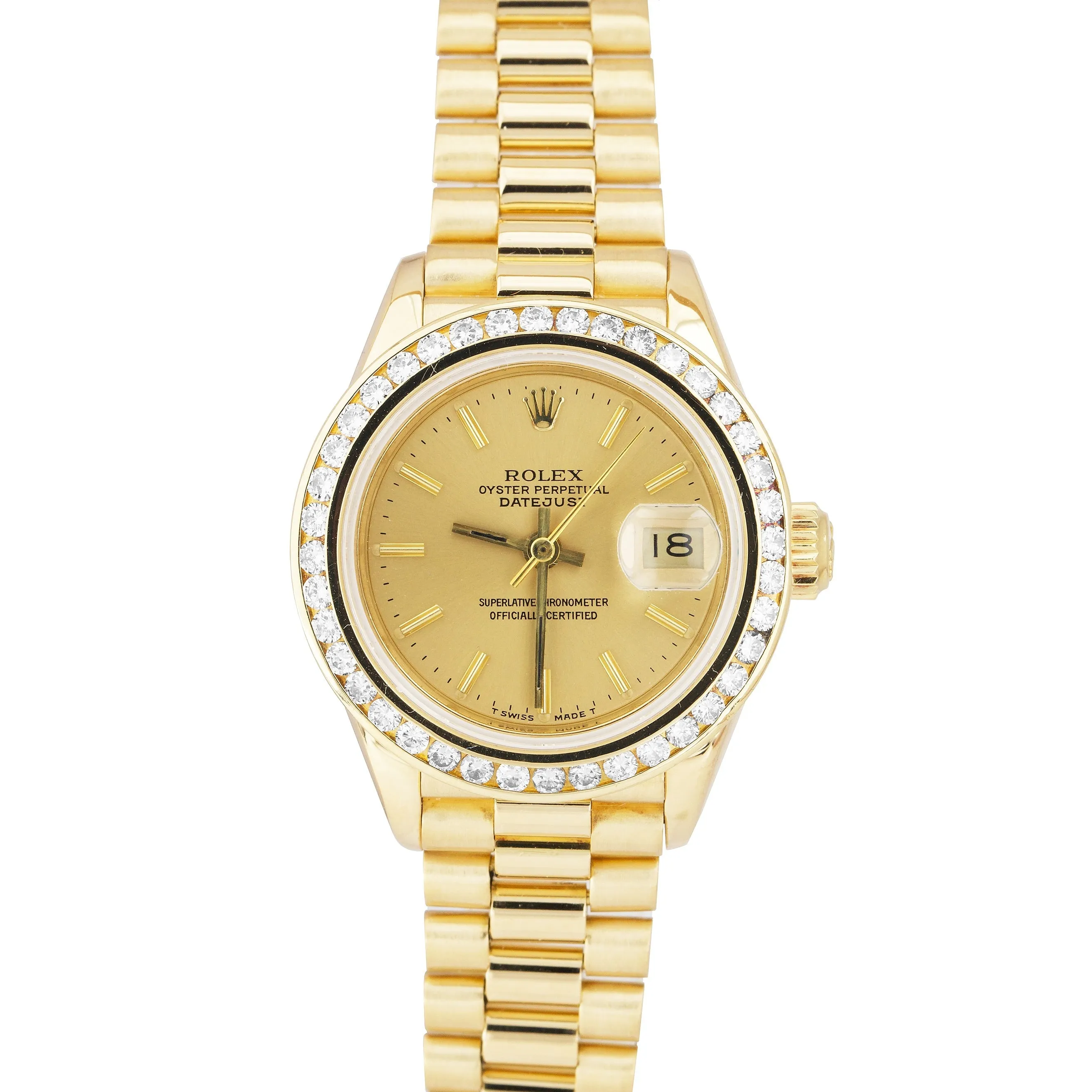 Rolex DateJust President 26mm DIAMOND BEZEL Champagne Yellow Gold Watch 69178