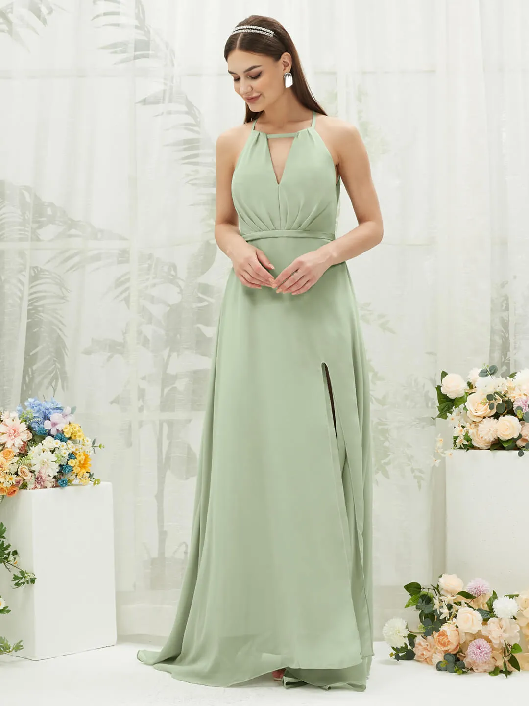 Sage Green Chiffon Halter V-Neck Slit  Backless Maxi Bridesmaid Dress