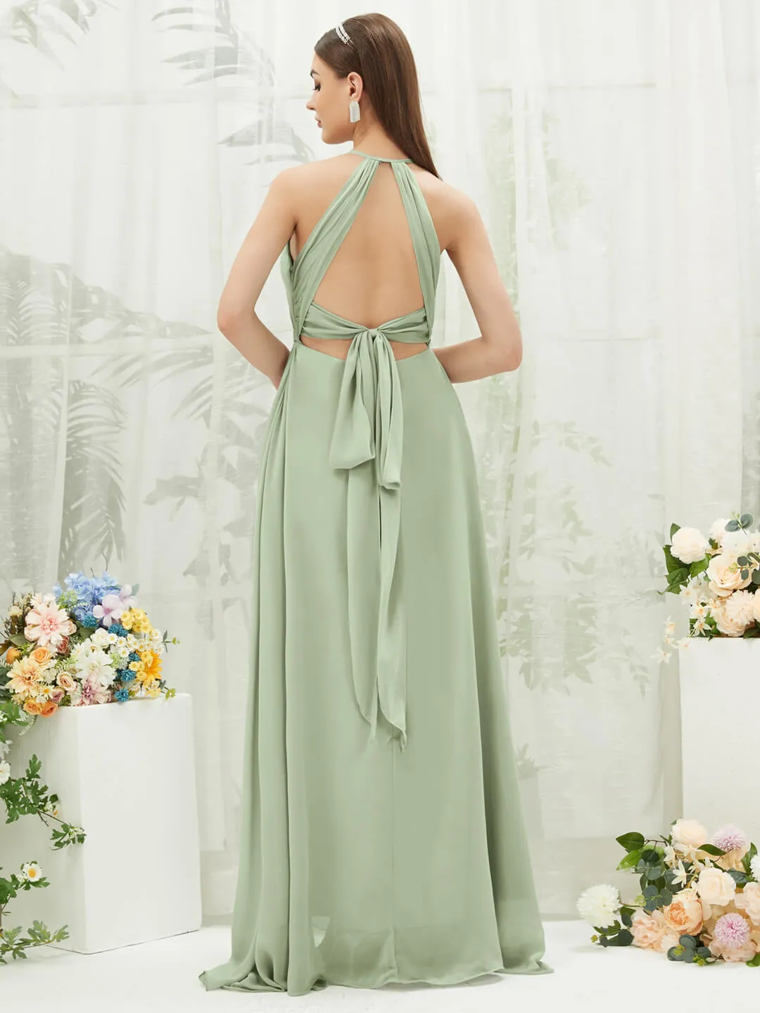 Sage Green Chiffon Halter V-Neck Slit  Backless Maxi Bridesmaid Dress