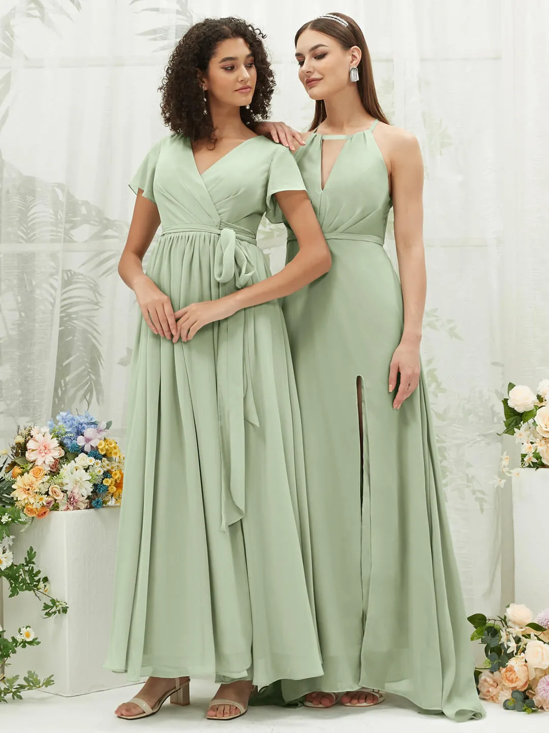 Sage Green Chiffon Halter V-Neck Slit  Backless Maxi Bridesmaid Dress