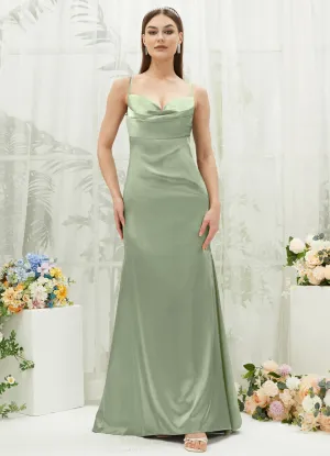 Sage Green Satin Cowl Neck Adjustable Straps Backless Long Bridesmaid Dress