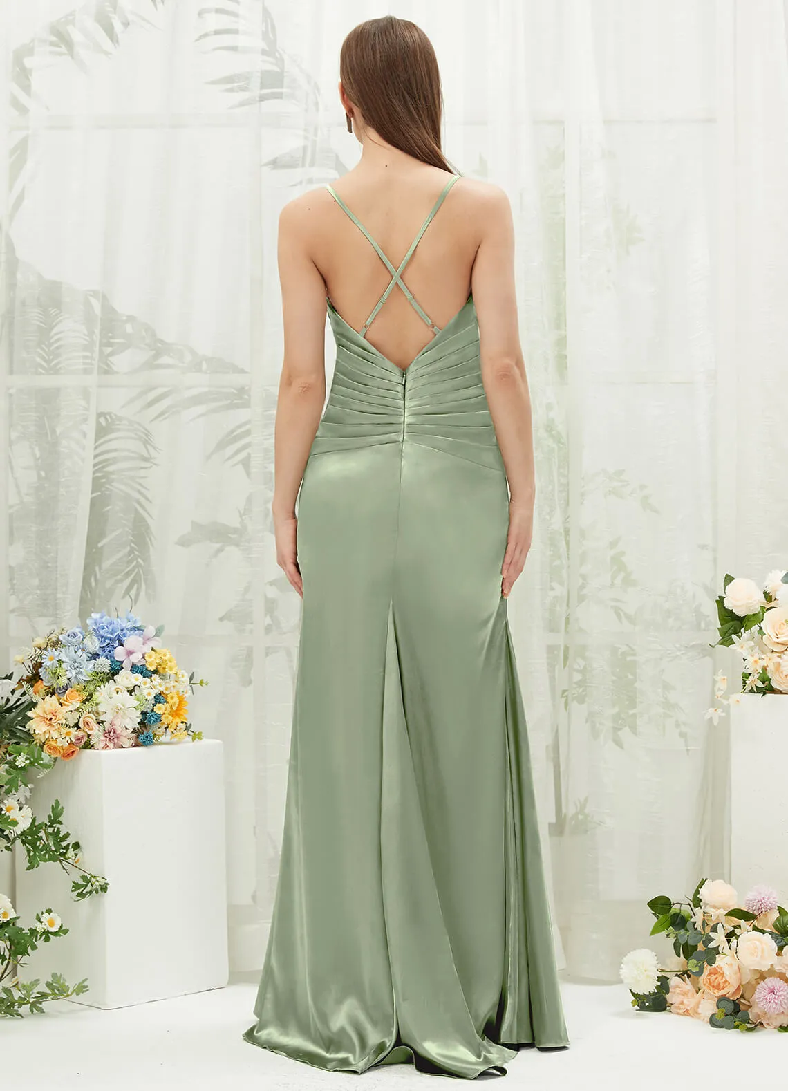 Sage Green Satin Cowl Neck Adjustable Straps Backless Long Bridesmaid Dress
