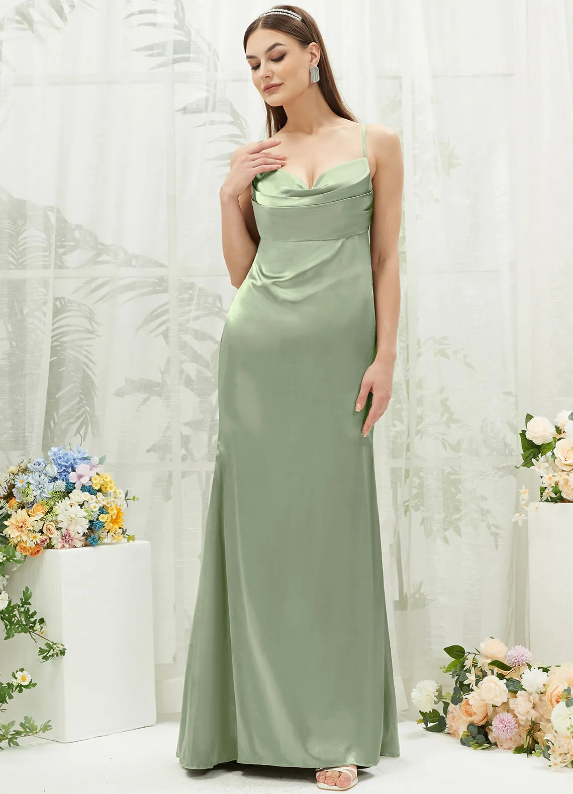 Sage Green Satin Cowl Neck Adjustable Straps Backless Long Bridesmaid Dress