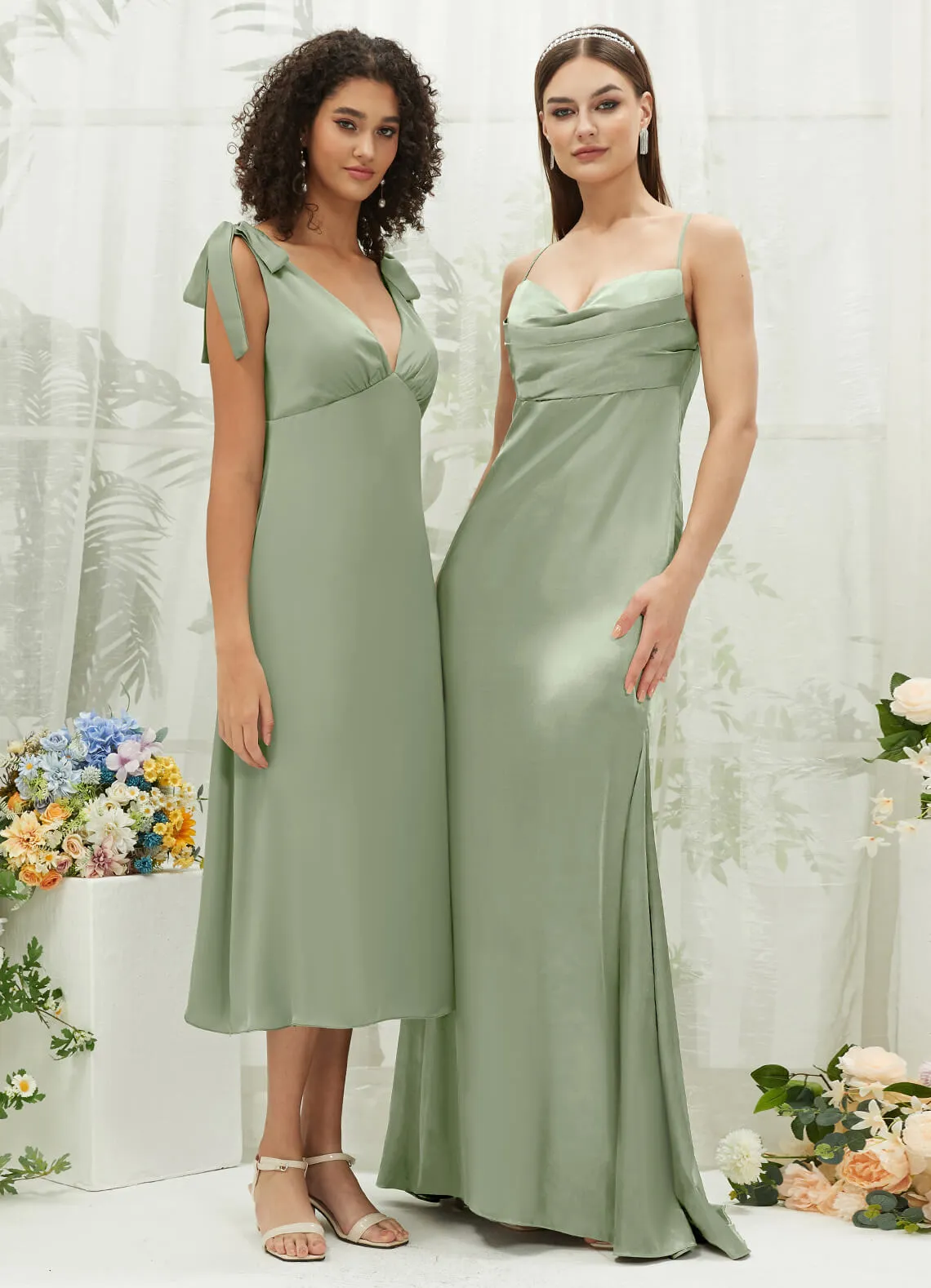Sage Green Satin Cowl Neck Adjustable Straps Backless Long Bridesmaid Dress