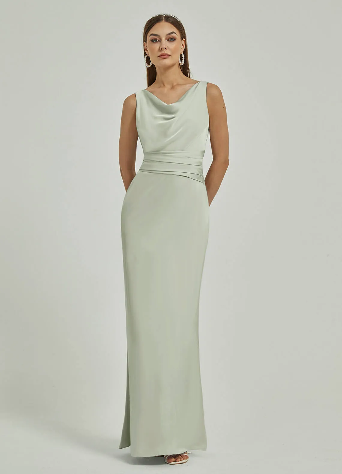 Sage Green Silk Satin Cowl Neck Sheath Backless Maxi Bridesmaid Dress