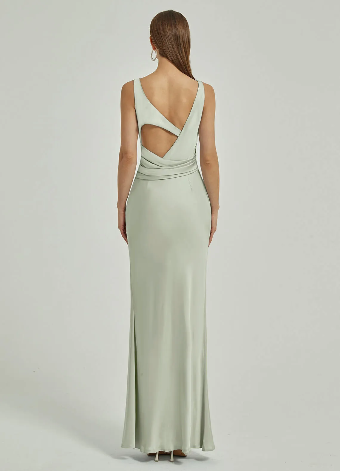 Sage Green Silk Satin Cowl Neck Sheath Backless Maxi Bridesmaid Dress