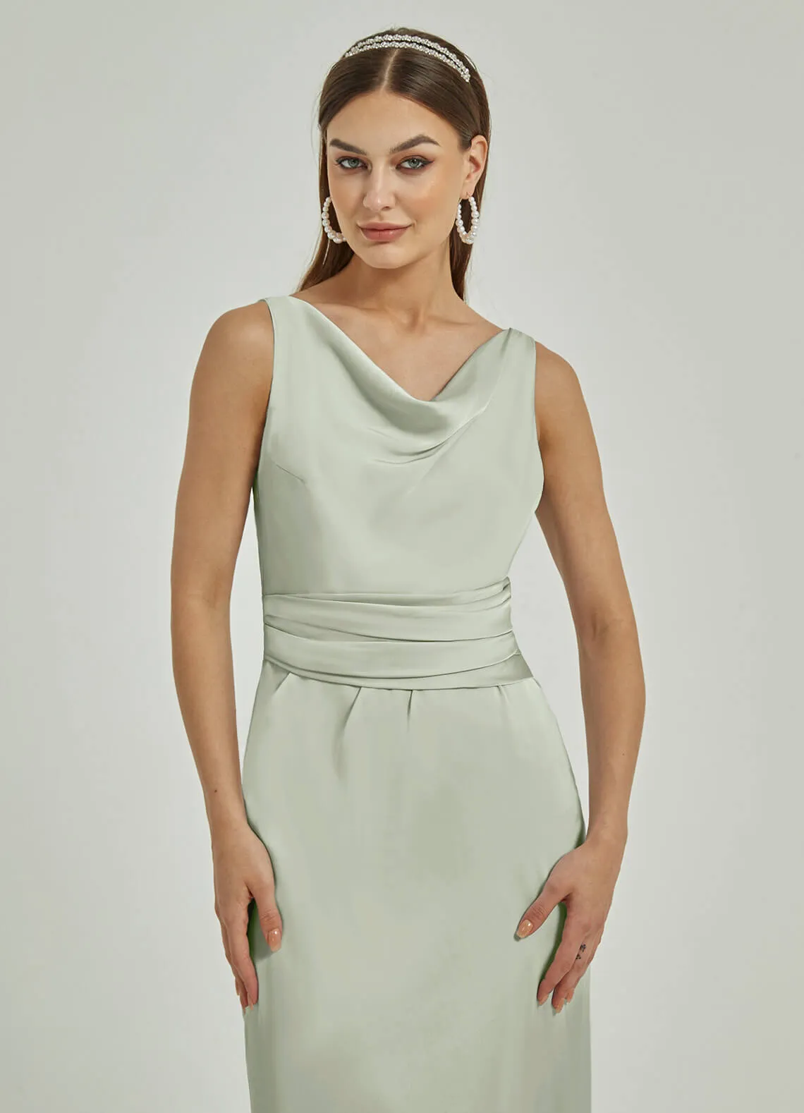 Sage Green Silk Satin Cowl Neck Sheath Backless Maxi Bridesmaid Dress