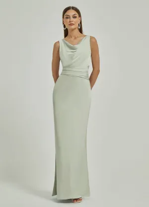 Sage Green Silk Satin Cowl Neck Sheath Backless Maxi Bridesmaid Dress