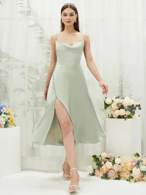 Sage Green Silk Satin Cowl Neck Spaghetti Straps Button Slit Bridesmaid Dresses