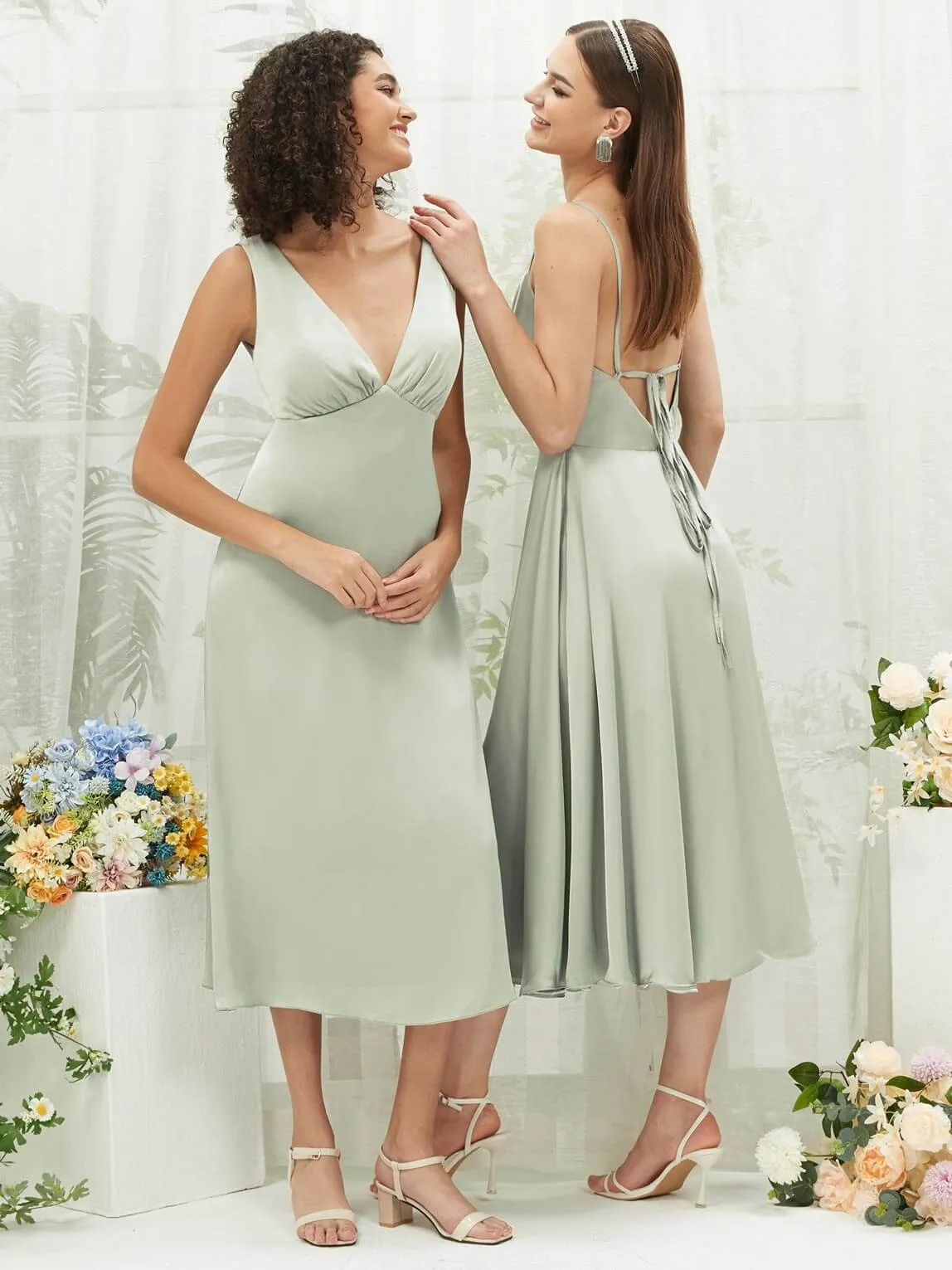 Sage Green Silk Satin Cowl Neck Spaghetti Straps Button Slit Bridesmaid Dresses